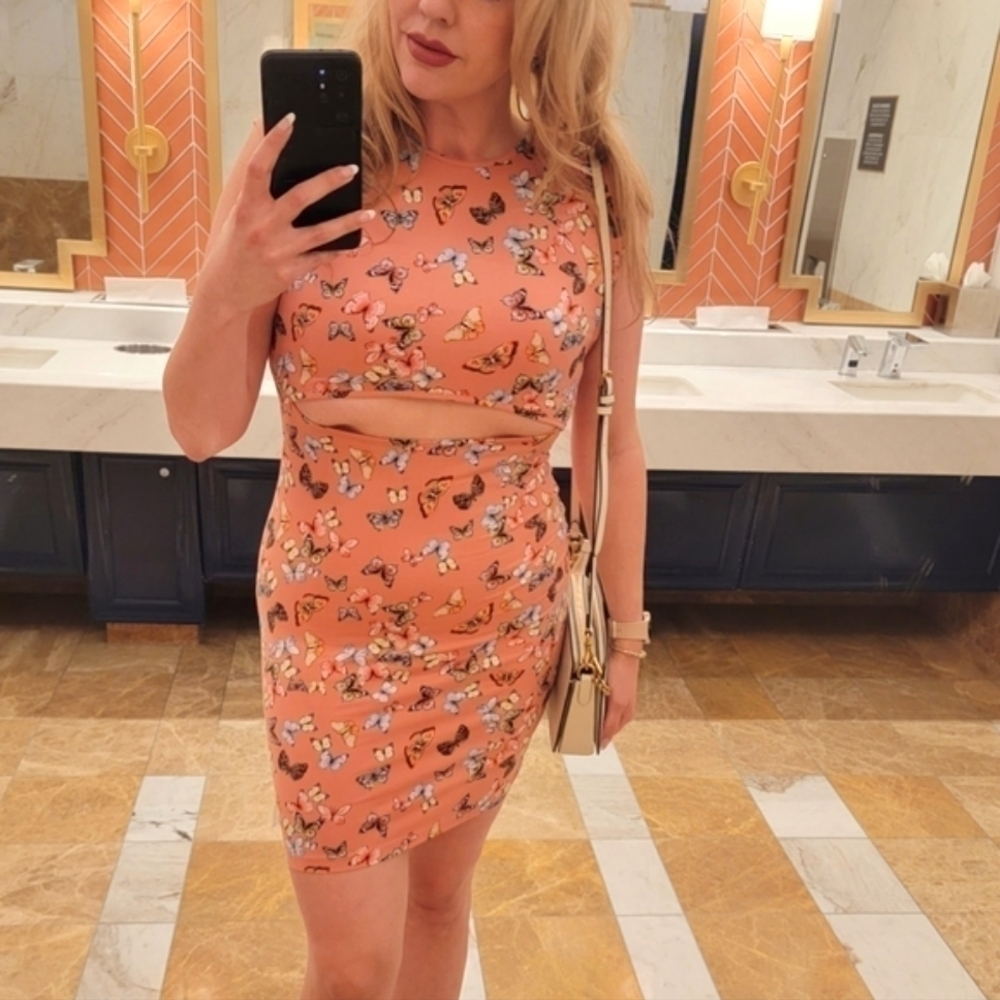 Open Front Pink Mini Butterfly Dress - Size L